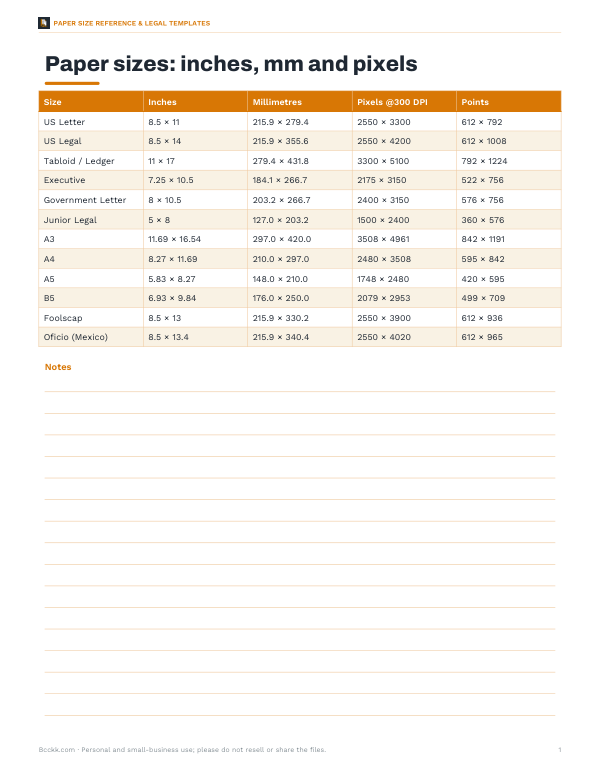 Preview of Printable Paper Size Chart